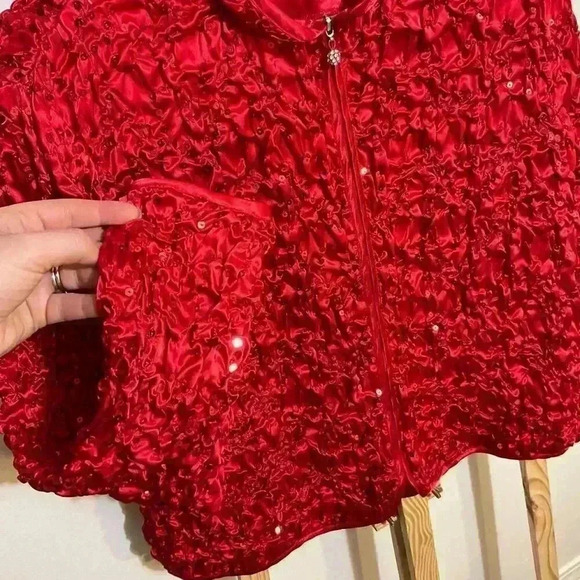 Scarlett Nite vintage 80’s red satin look sequined zip-up jacket 1X - Picture 3 of 8